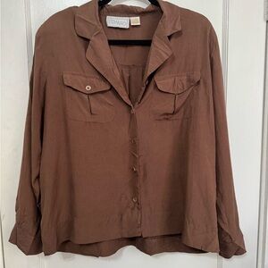 Edward Women's XL 100% Silk Chocolate Brown Button Down Blouse with Flaws